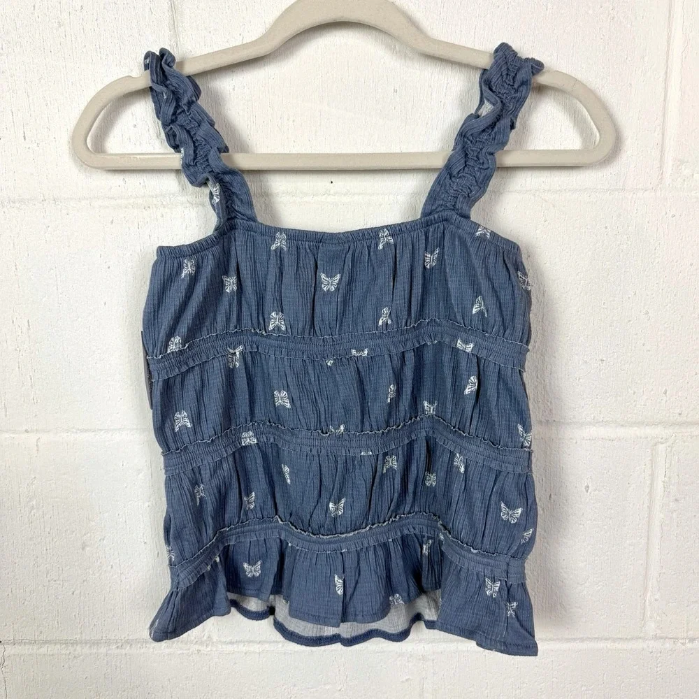 NWT Old Navy Girls Tank Top Blue Butterflies Ruffles Tiered Cottage SZ XL(14-16)